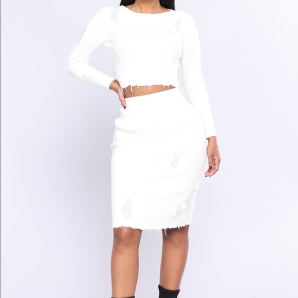 white sweater skirt set